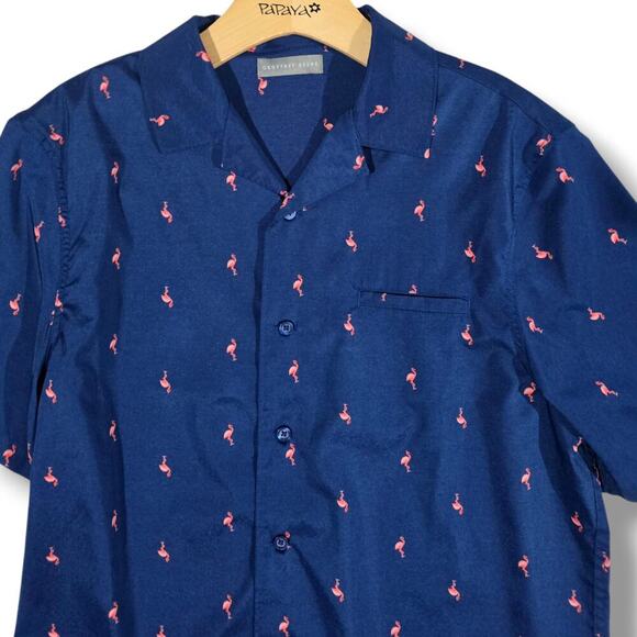 Geoffrey Beene men's blue with pink Flamingos short sleeves button-down shirt - Picture 3 of 7